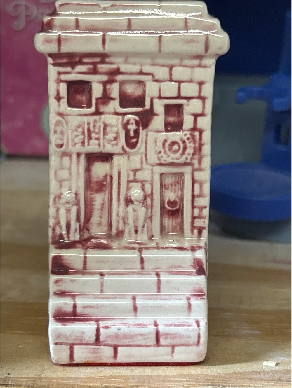 Vintage Ceramic Figurine of a Building with Red Detailing